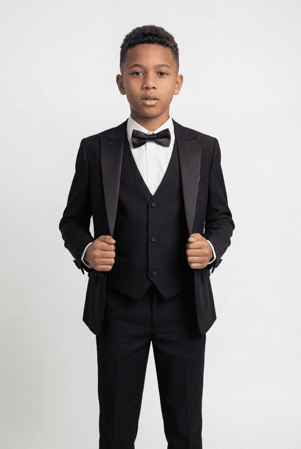 Boys Satin Lapel Tuxedo Suit - 4-Piece or 5-Piece with Cufflink Shirt - Black