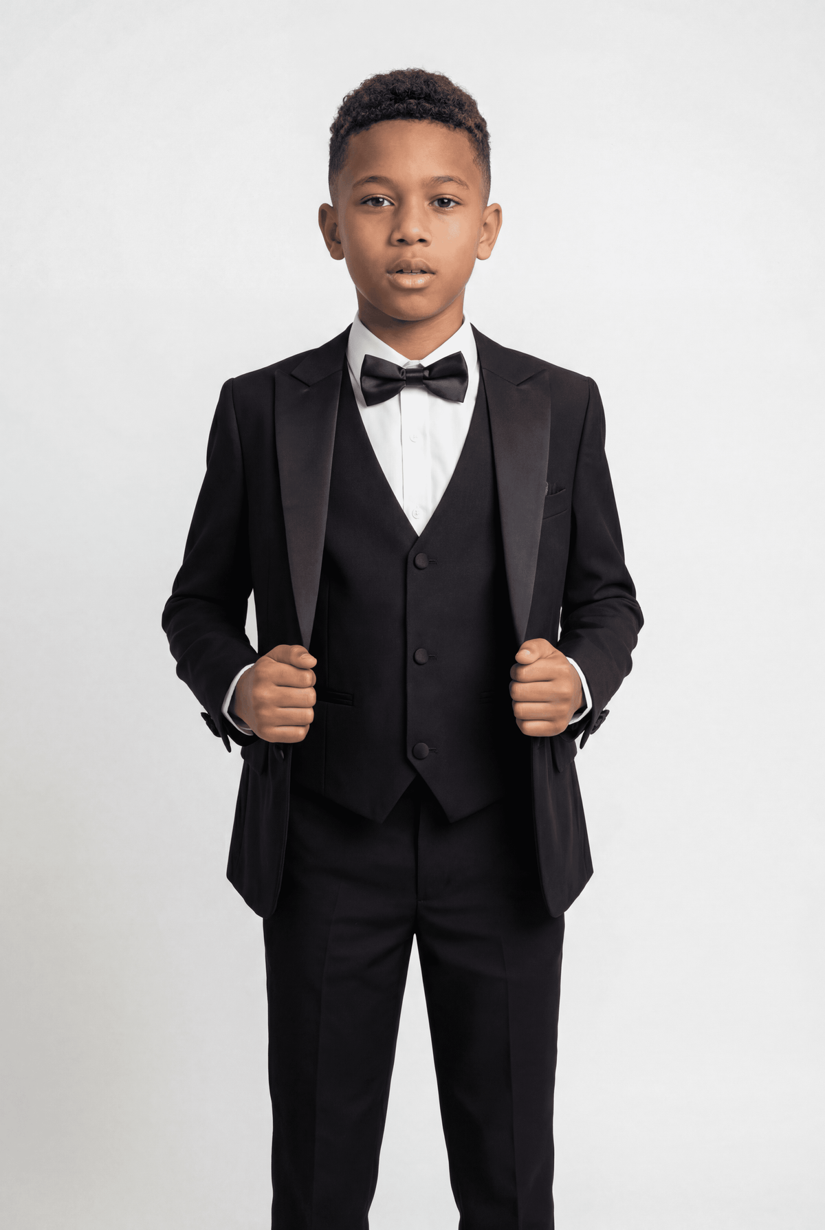 Boys Satin Lapel Tuxedo Suit - 4-Piece or 5-Piece with Cufflink Shirt - Black