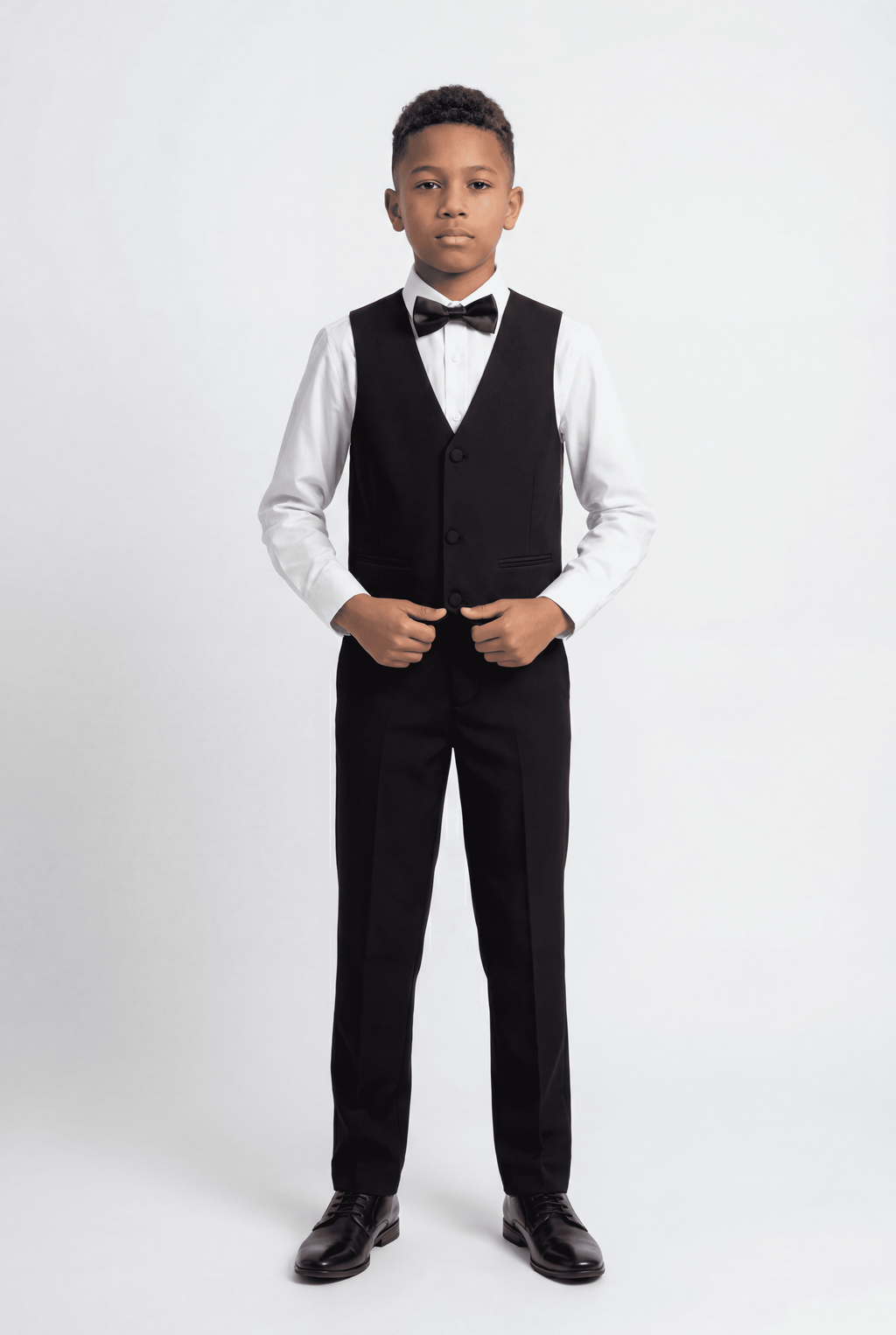 Boys Satin Lapel Tuxedo Suit - 4-Piece or 5-Piece with Cufflink Shirt - Black