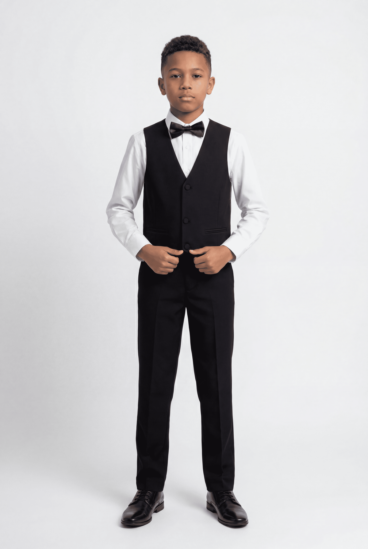 Boys Satin Lapel Tuxedo Suit - 4-Piece or 5-Piece with Cufflink Shirt - Black