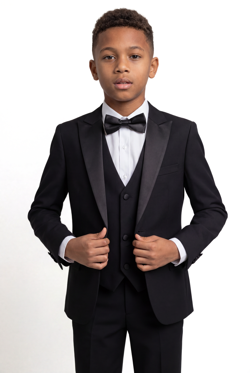Boys Satin Lapel Tuxedo Suit - 4-Piece or 5-Piece with Cufflink Shirt - Black