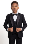 Boys Satin Lapel Tuxedo Suit - 4-Piece or 5-Piece with Cufflink Shirt - Black