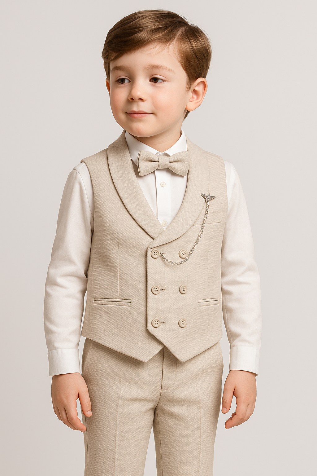 Boys Cotton 5-Piece Double Breasted Waistcoat Suit Set - Beige