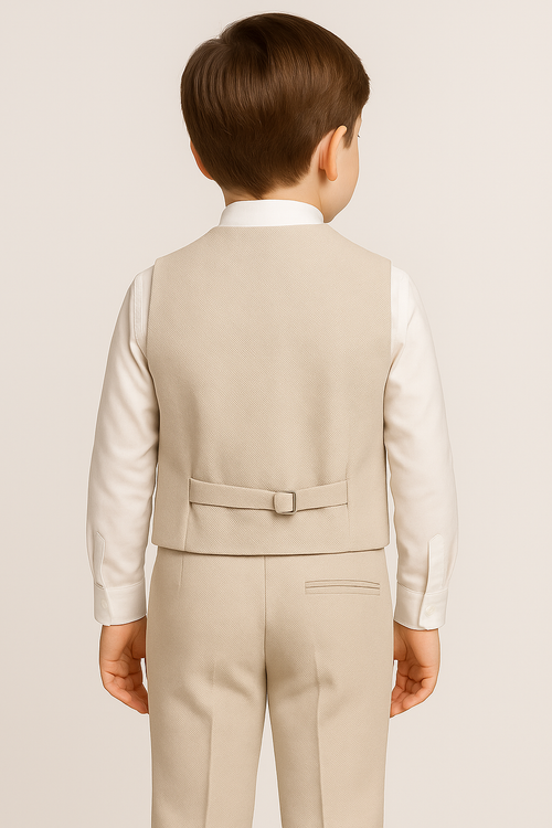 Boys Cotton 5-Piece Double Breasted Waistcoat Suit Set - Beige