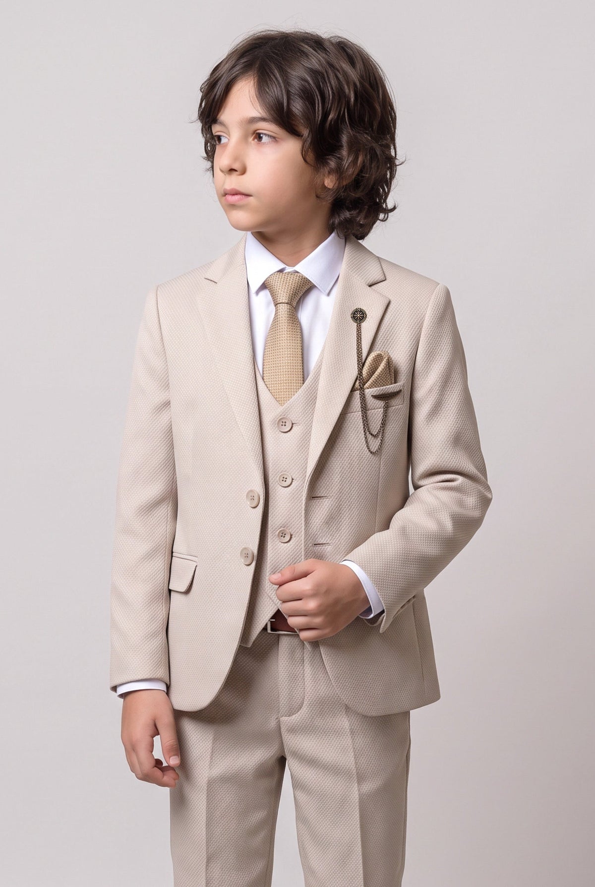 Boys’ 7-Piece Self-Patterned Formal Suit Set - Planet - Beige