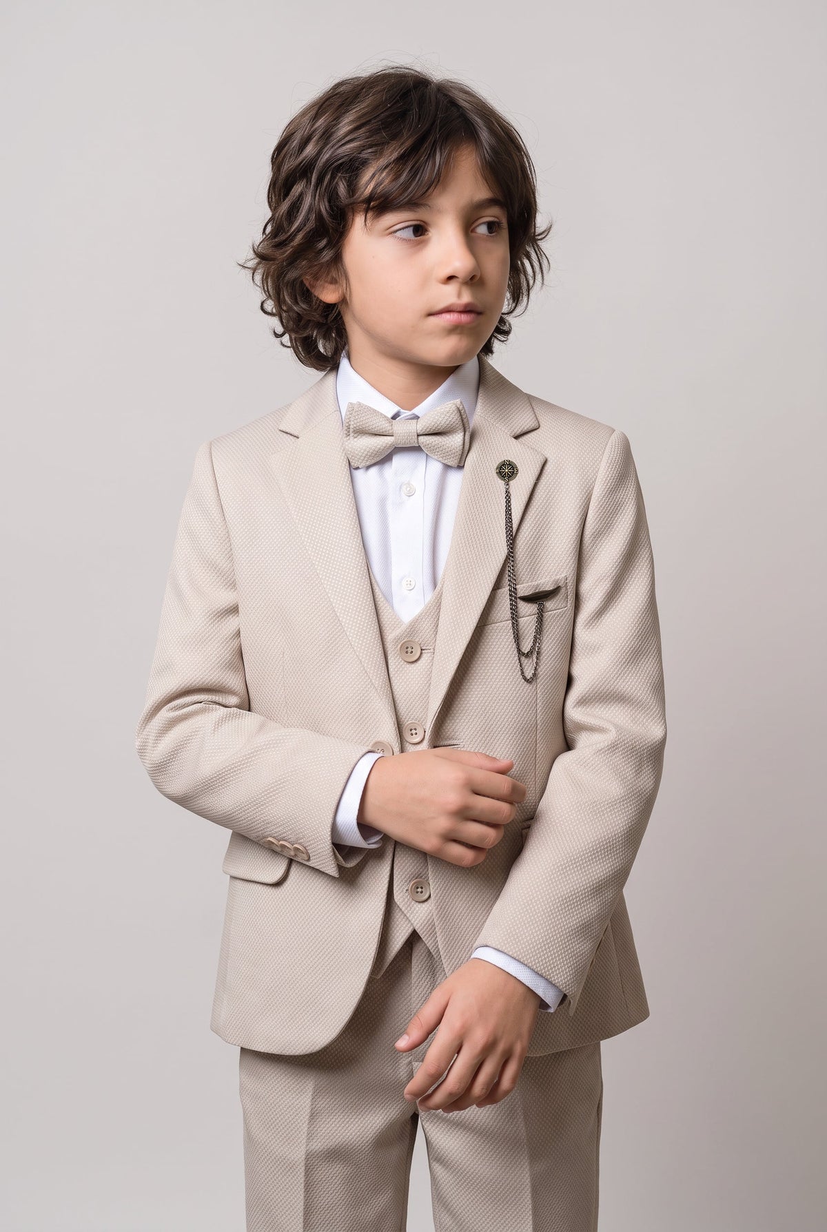 Boys’ 7-Piece Self-Patterned Formal Suit Set - Planet - Beige