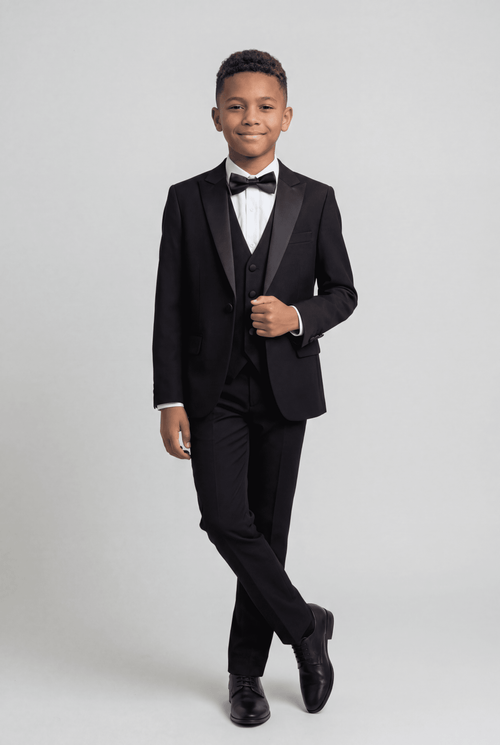 Boys Satin Lapel Tuxedo Suit - 4-Piece or 5-Piece with Cufflink Shirt - Black