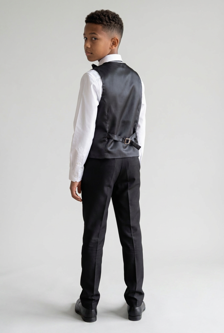 Boys Satin Lapel Tuxedo Suit - 4-Piece or 5-Piece with Cufflink Shirt - Black