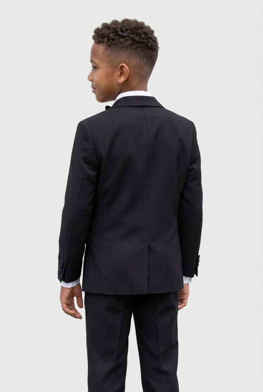 Boys Satin Lapel Tuxedo Suit - 4-Piece or 5-Piece with Cufflink Shirt - Black
