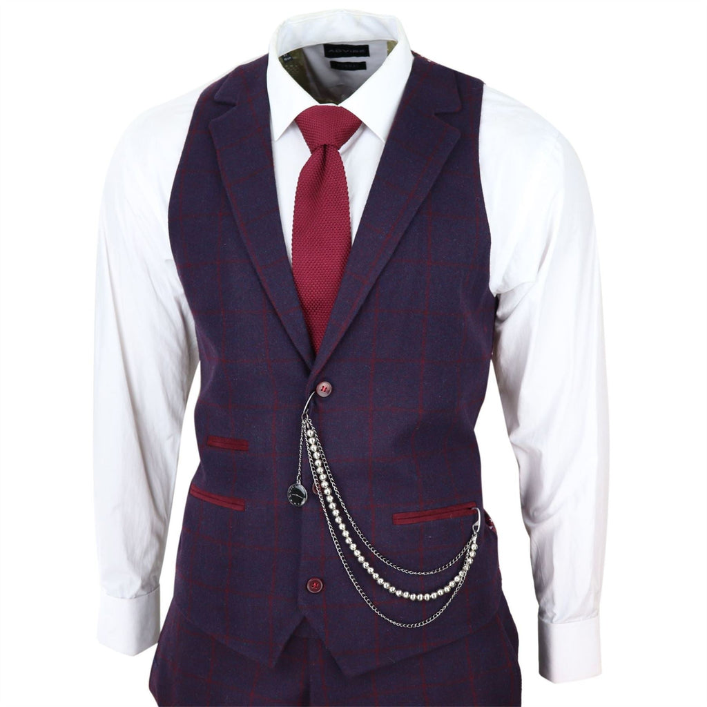 Men's 3 Piece Suit Wool Tweed Plum Wine Check 1920s Gatsby Formal Dress Suits